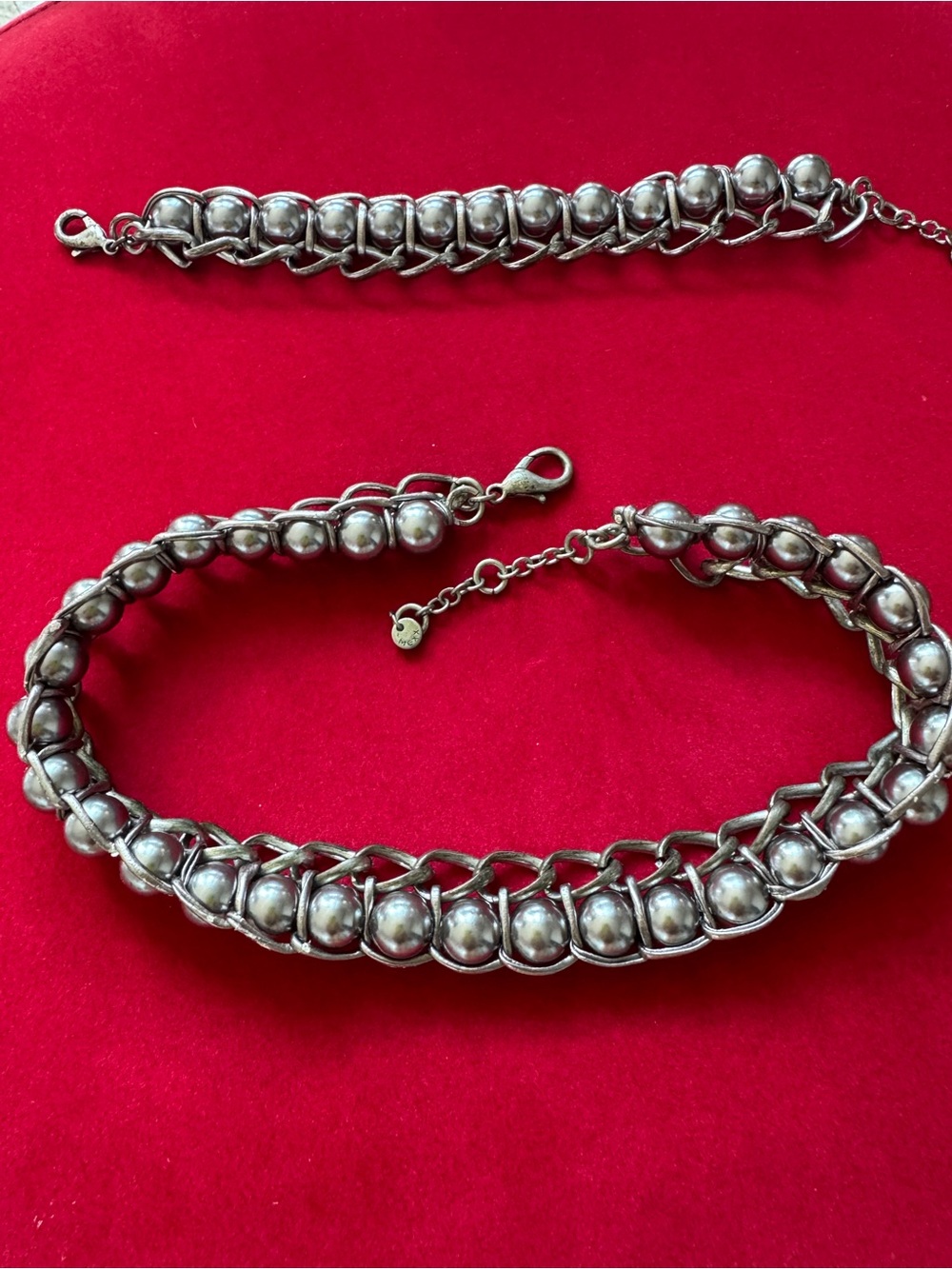 Vintage Silver Tone Faux Pearl Statement Necklace & Bracelet Set | Chunky Retro